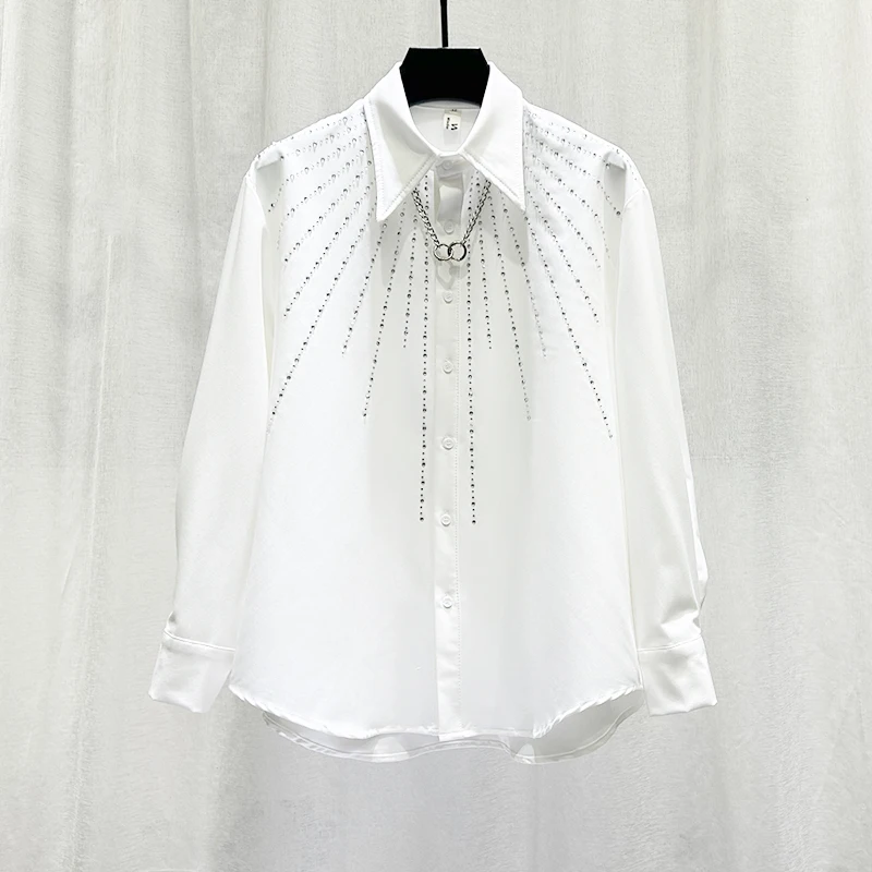 Trendy Rhinestone Long Sleeved Shirt Men's Personality Loose Casual Social Shirt Versatile Banquet Party Performance Tops 2025