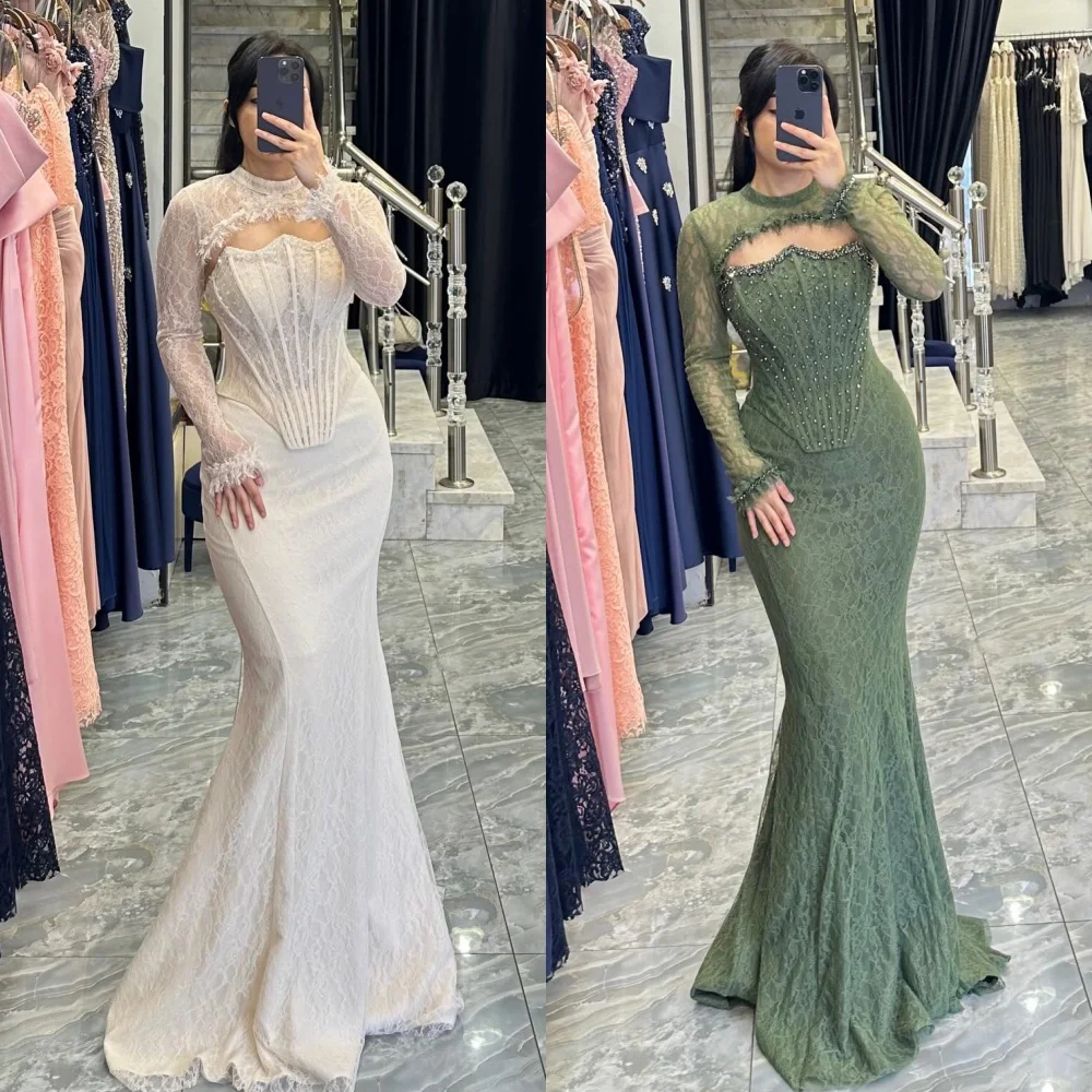 

Customized Matching Sparkle Lace Beading Rhinestone Mermaid High Collar Long Dresses Bespoke Occasion Dresses Sizes Available