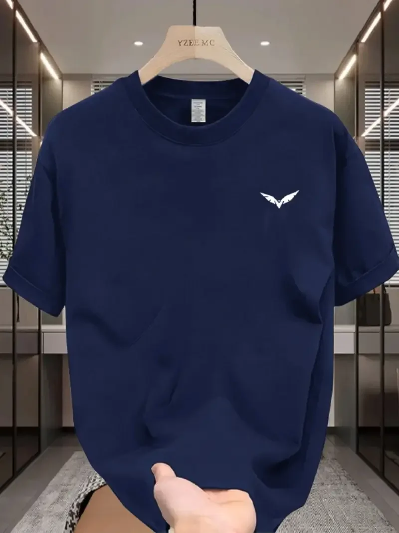 Simple wing pattern printed casual T-shirt for men's summer short sleeved round neck gym with humorous design suitable for sport