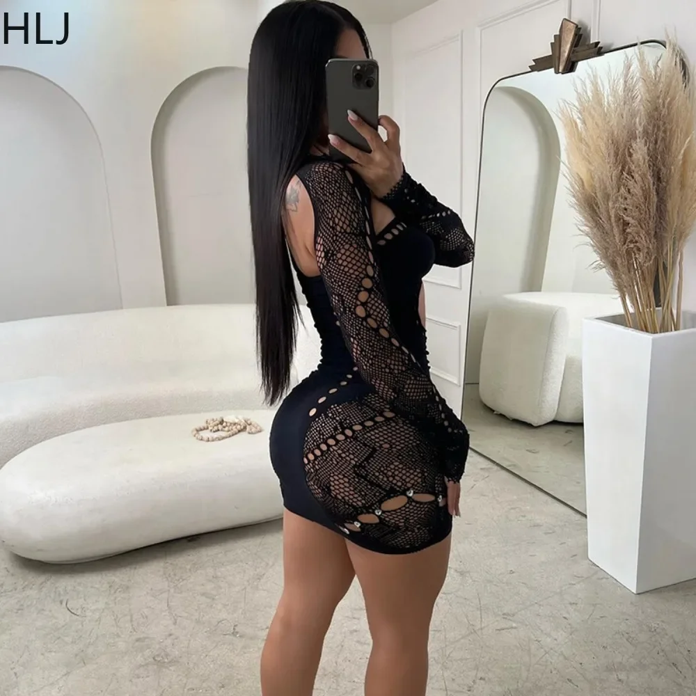 HLJ Sexy Knit Bodycon Mini Dress for Women Hollow Out Rhinestone Patchwork Stretch Chic Shawl +Dresses Female 2025 Spring New