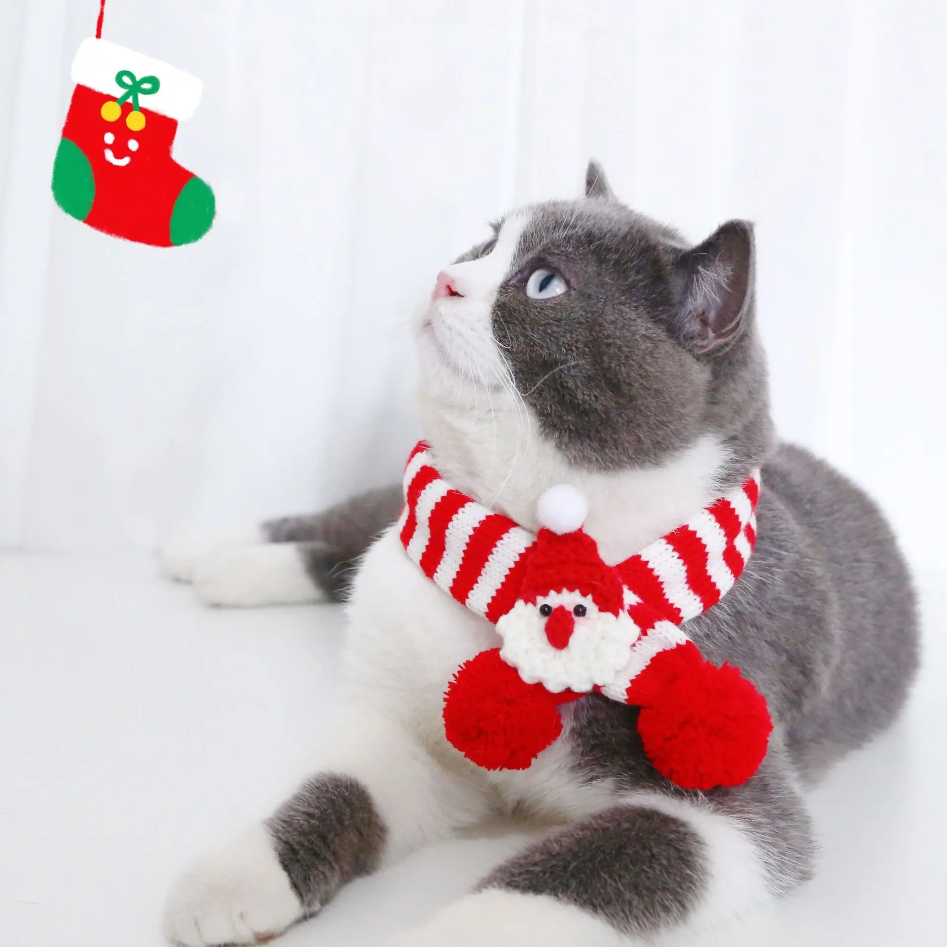 Accesorios de disfraz de Papá Noel para mascota, bufanda de árbol de Navidad de punto a rayas para cachorro de perro, bufanda de lana ajustable para gato, bufanda cálida para el cuello