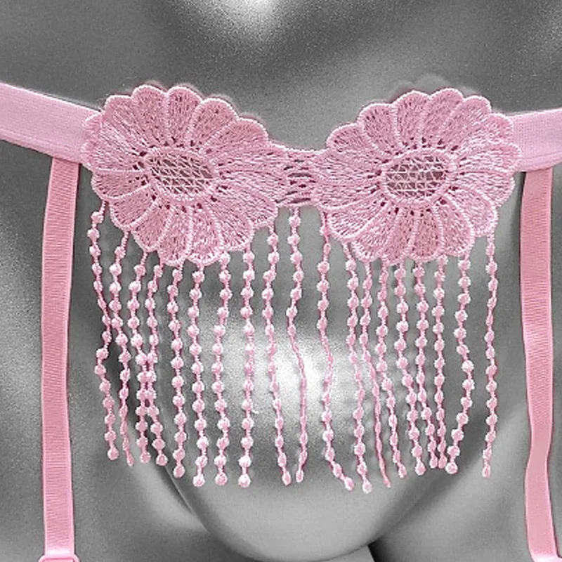 Sissy Men Sexy Lingerie Pink Lace Flower Beaded Fringe Garter Belt Thong Adjustable Crossdresser Panties Fetish Cosplay