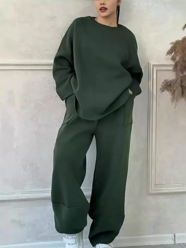 New Solid 2 Piece Set Women\'s Autumn And Winter Casual Loose Round Neck Long-sleeved Sweatshirt And Trousers Suit Female