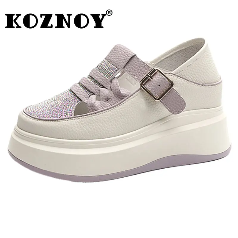 Fujin 7cm Sandals Breathable Slippers Hollow Summer Rhinestone Weave Genuine Leather Women Chunky Sneakers Platform Wedge Shoes