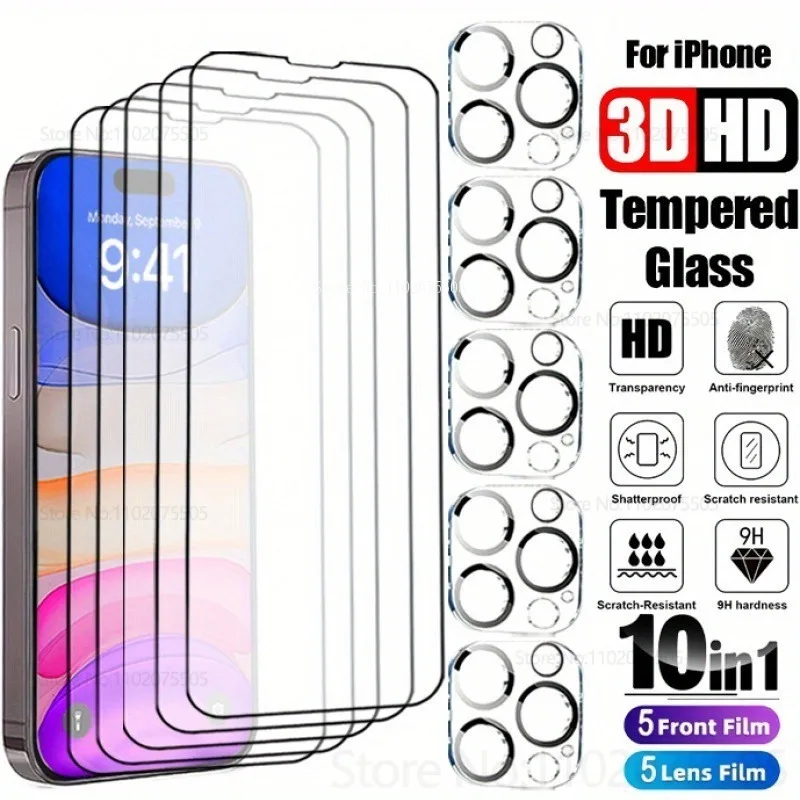 

【10-in-1】5Pcs Premium Tempered Glass Screen Protector+5Pcs Lens Camera Protectors for IPhone 13 Promax 16 14 15 Promax 11 12mini