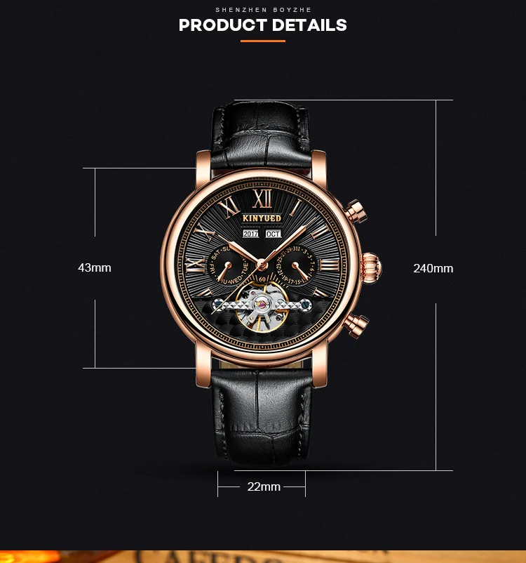 ساعة ميكانيكية للرجال من KINYUED، تقويم أوتوماتيكي متعدد الوظائف، ساعة رجال الأعمال، ساعة رجالية