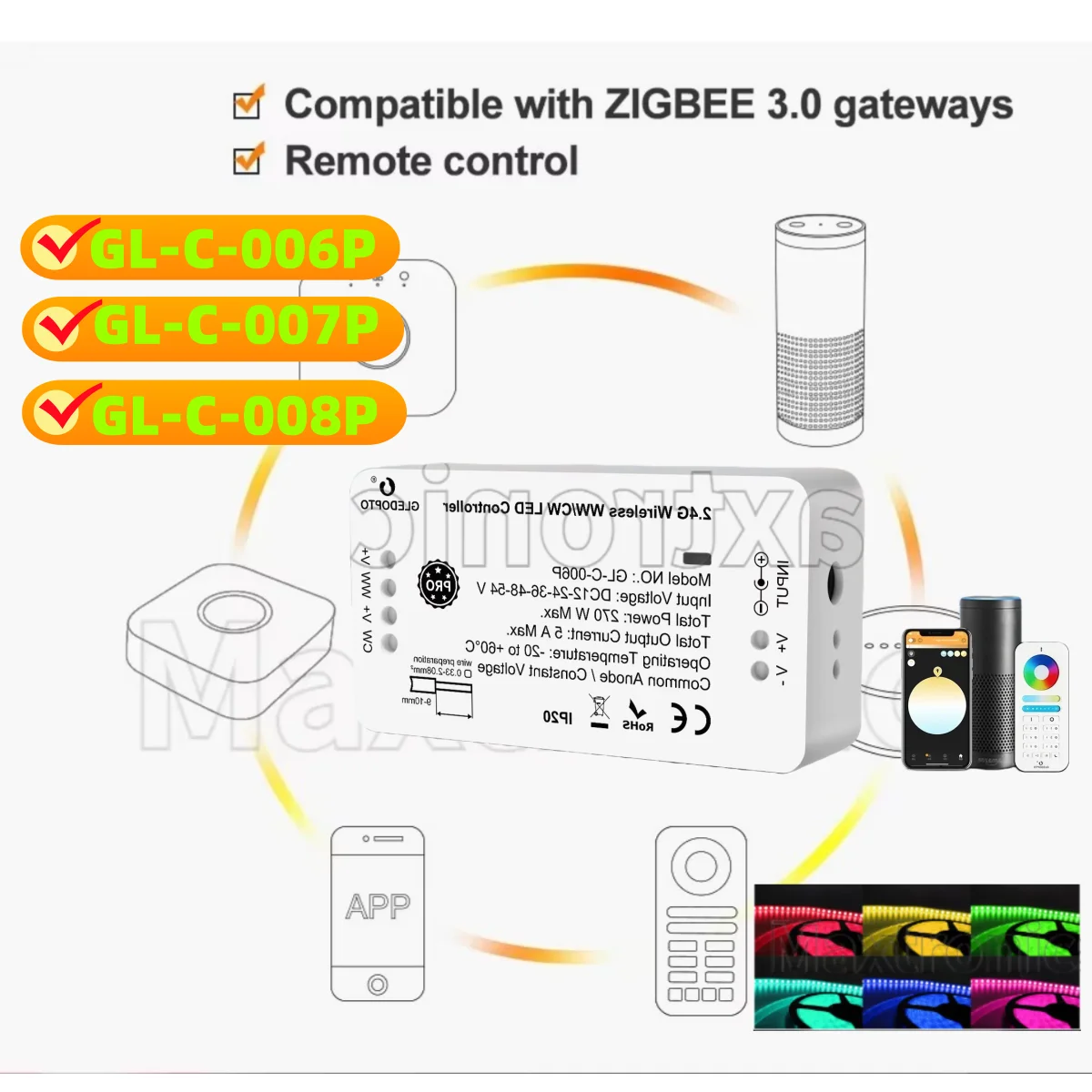 Gledopto RGBCCT RGBW WWCW LED Strip Controller 2.4GRF Remote Control Work with Hu/e SmarThings Alexa Tuya/ZigBee 3.0