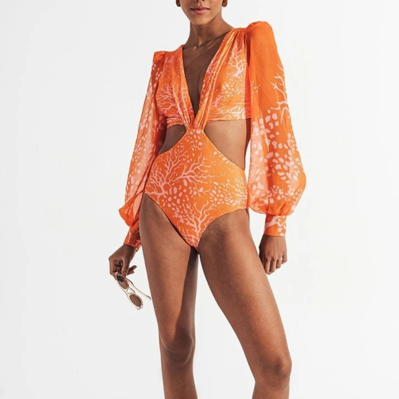 

2025 Women One Piece Swimsuit Sexy Long Sleeve High Waist Bathing Suit Beach Swimwear Female Summer Bikini beach Outfit Women