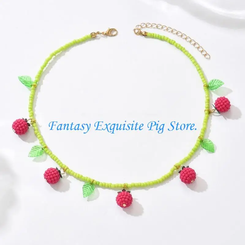 Delightful Acrylic Necklace Featuring Raspberry Pendant and Small Beads 