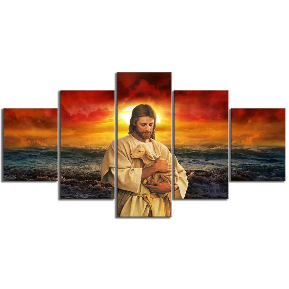 Canvas Painting 5 Pieces Christ Avatar Wall Art Jesus And The Little Lamb Modular Picture Christian Home Decor For Living Room