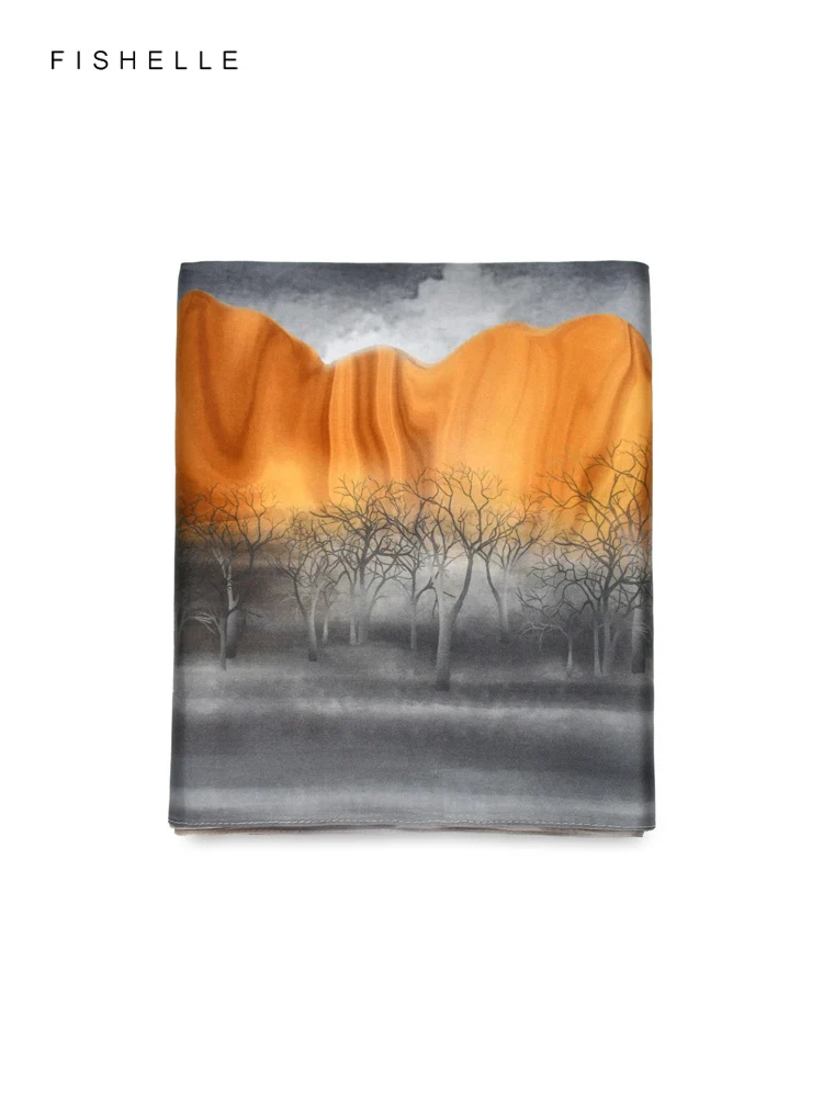 Gray landscape painting natural silk scarf female wrap real silk scarves ladies spring summer women shawl luxury gift