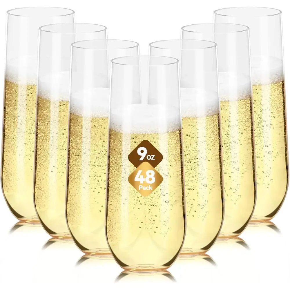 

48 Pack 9 oz Clear Plastic Champagne Glasses, Heavy Duty Toasting Glasses, Shatterproof, Recyclable, BPA-Free, Disposable Mimosa