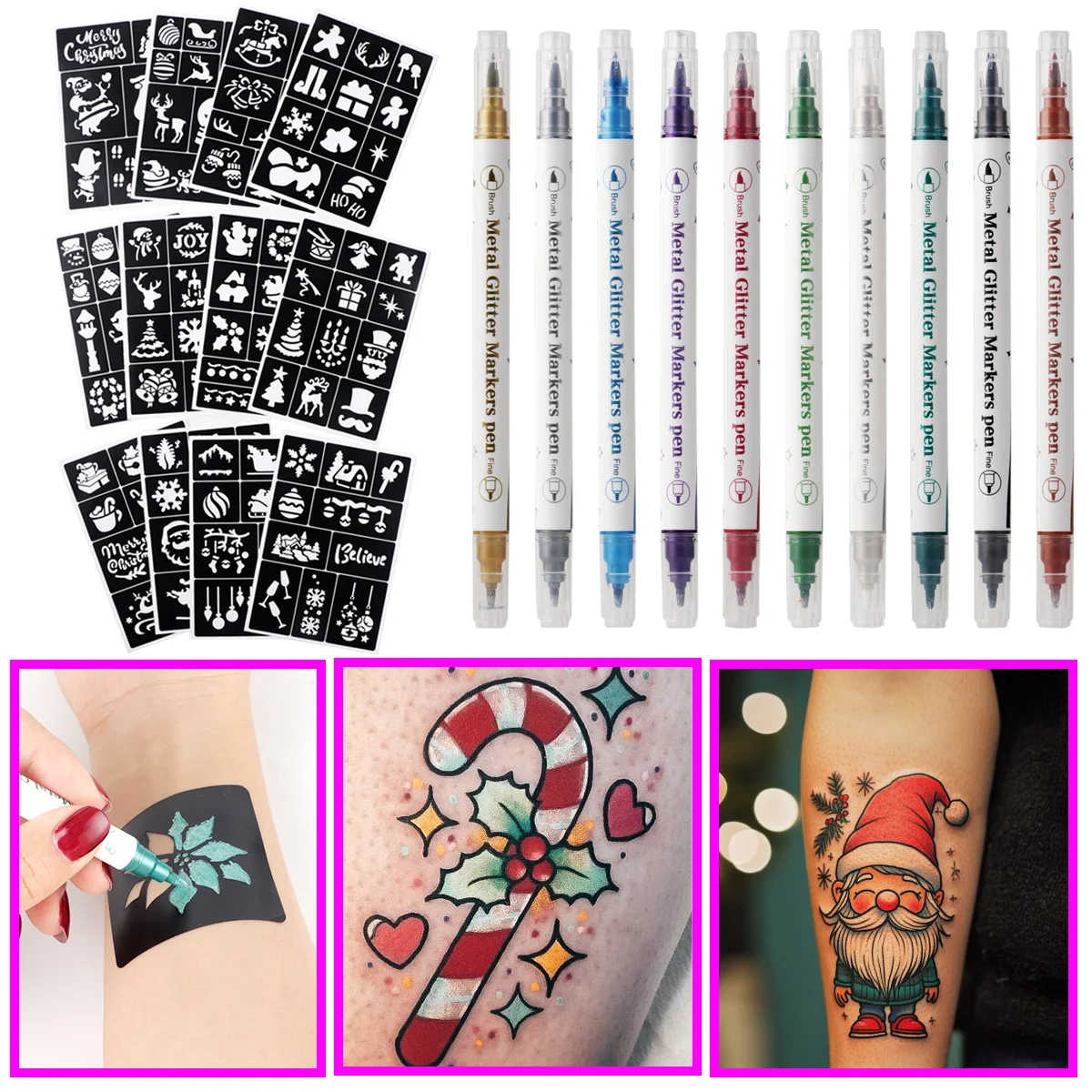 10 Colors Temporary Tattoo Marker Pens Kit 129 Designs Large Tattoo Template Stencils, Easy to Apply and Remove Christmas Eve Gifts