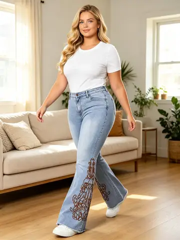 【HME】Jeans | Vintage American Mid-Rise Flare Jeans Brown Vine Embroidery Raw Hem Light Wash for Longer Legs Women's Retro High Waist Jeans