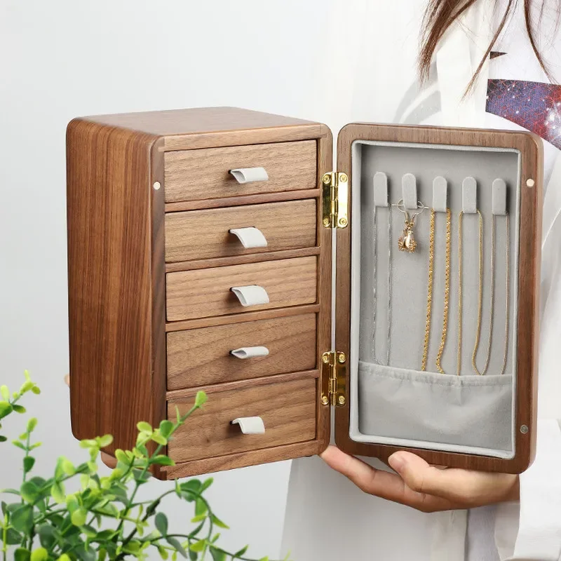 Walnut Jewelry Box 5-layer Wooden Storage Refrigerator-shaped Drawer Organizer Brass Handle Tray
