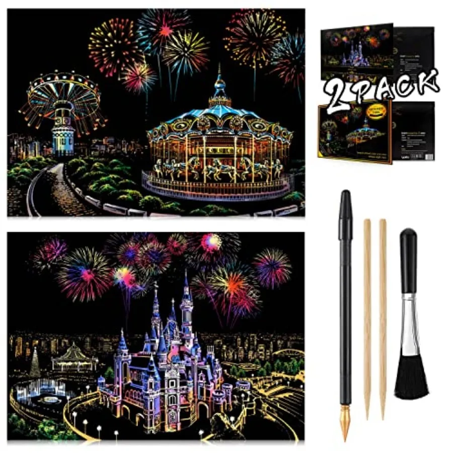 2 PACK Scratch Art Rainbow Painting Paper, Sketch Pad DIY Night View Scratchboard for and Teens, Engraving Art and Craft Set, S