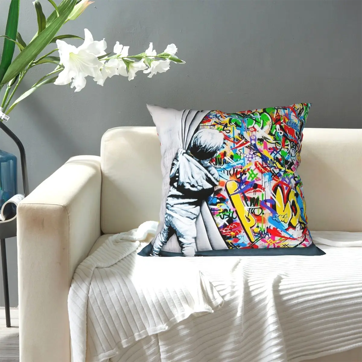 Behind The Curtain Boy - Banksy Street Art Mural Square Pillowcase Pillow Cover Cushion Comfort Throw Pillow for Home Bedroom