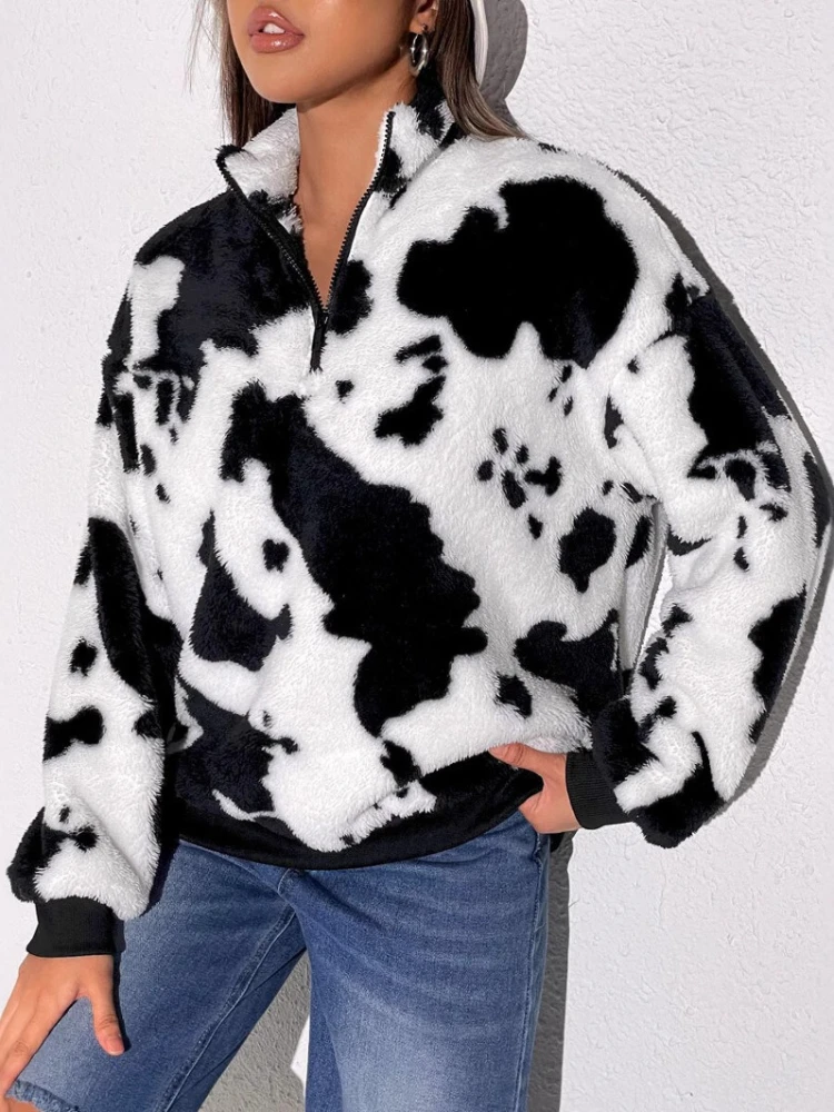 

New in Women's Winter Fashionable and Warm Double-sided Velvet Top Jacket Warm Plush Cow Spots Pattern Soft Coat Pullover
