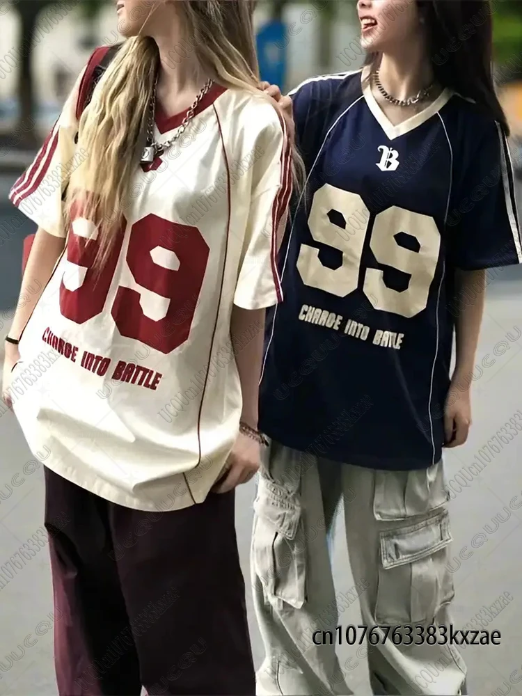 2026 Summer New 99 Print T-Shirt For Women V-Neck Patchwork Short Sleeve Vintage Sports Football Jersey Y2K Loose Oversized Tops