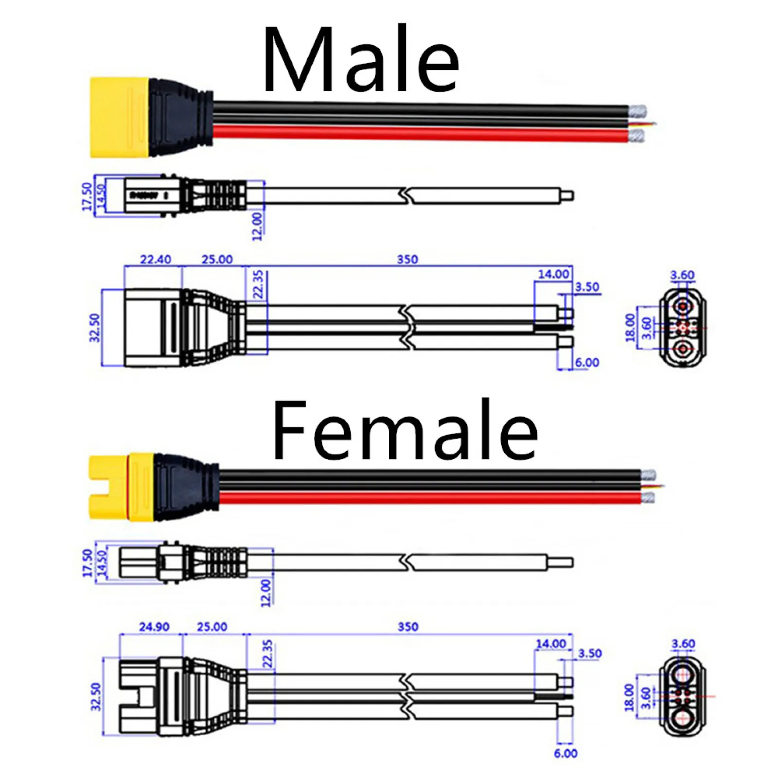 AS150U 70A Anti Spark Male / Female Plug Connector Cable 35cm Copper Plated High Current Connector For RC Model Airplane Parts