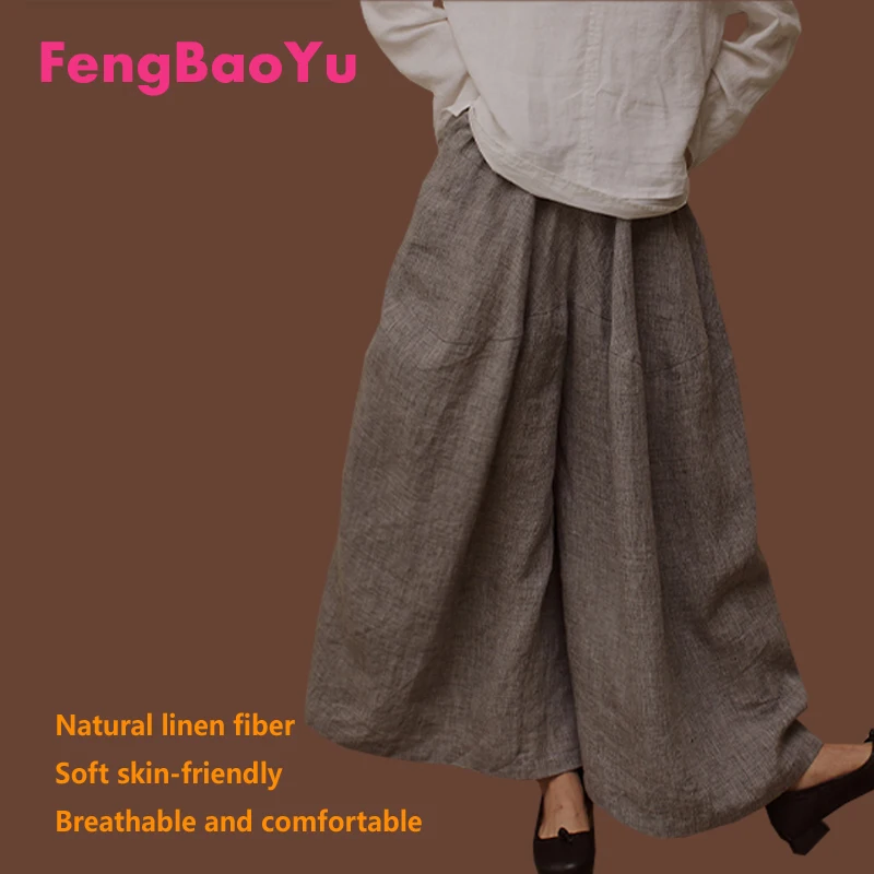 

High-end Linen Women's Nine-point Culottes Original Design Wide Foot Trousers Outdoor Casual Comfortable Breathable Plus Size