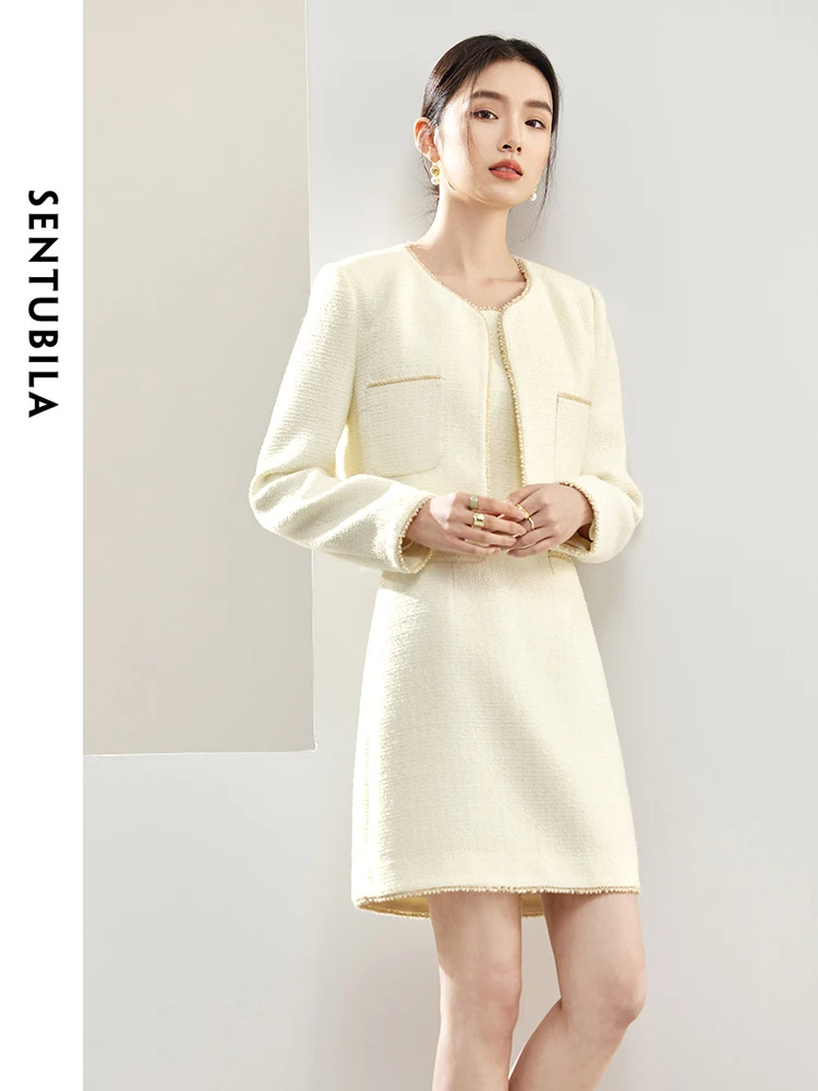 SENTUBILA  Women Apricot Dress Set Female 2024 Spring Autumn Outfits Elegant Beading Trim Jacket and Mini Dress Suits 141Z53037