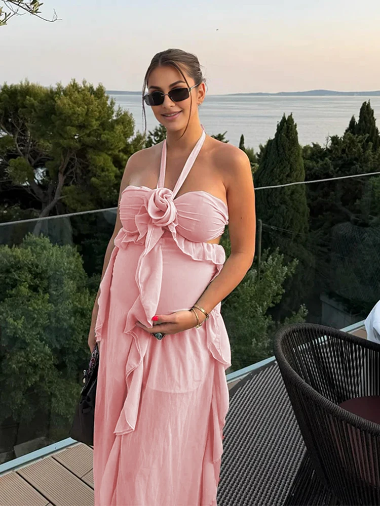 ชุดเดรสยาวสำหรับถ่ายภาพคนท้อง ลายดอกไม้ ดีไซน์หรูหรา คอแบบผูก สายเดี่ยว ชุดคลุมท้องสำหรับถ่ายภาพงานเลี้ยงฉลองก่อนคลอด