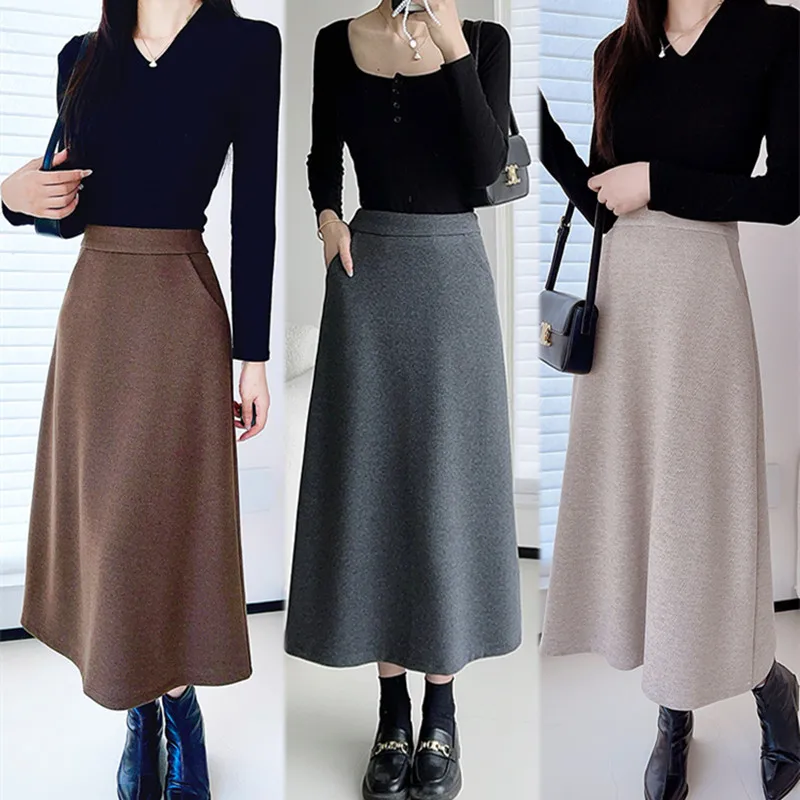 TIYIHAILEY-femmes longues mi-mollet épais a-ligne jupes laine jupes chaudes avec poche hiver nouveau sur mesure marron café XS-3XL