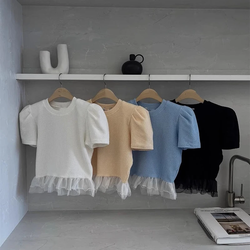 

Cute Sle ort Sve T-irt Women's Summer New Lace Trim Patchwork Bubble Sve Sweet Texture Top Polyester Fiber