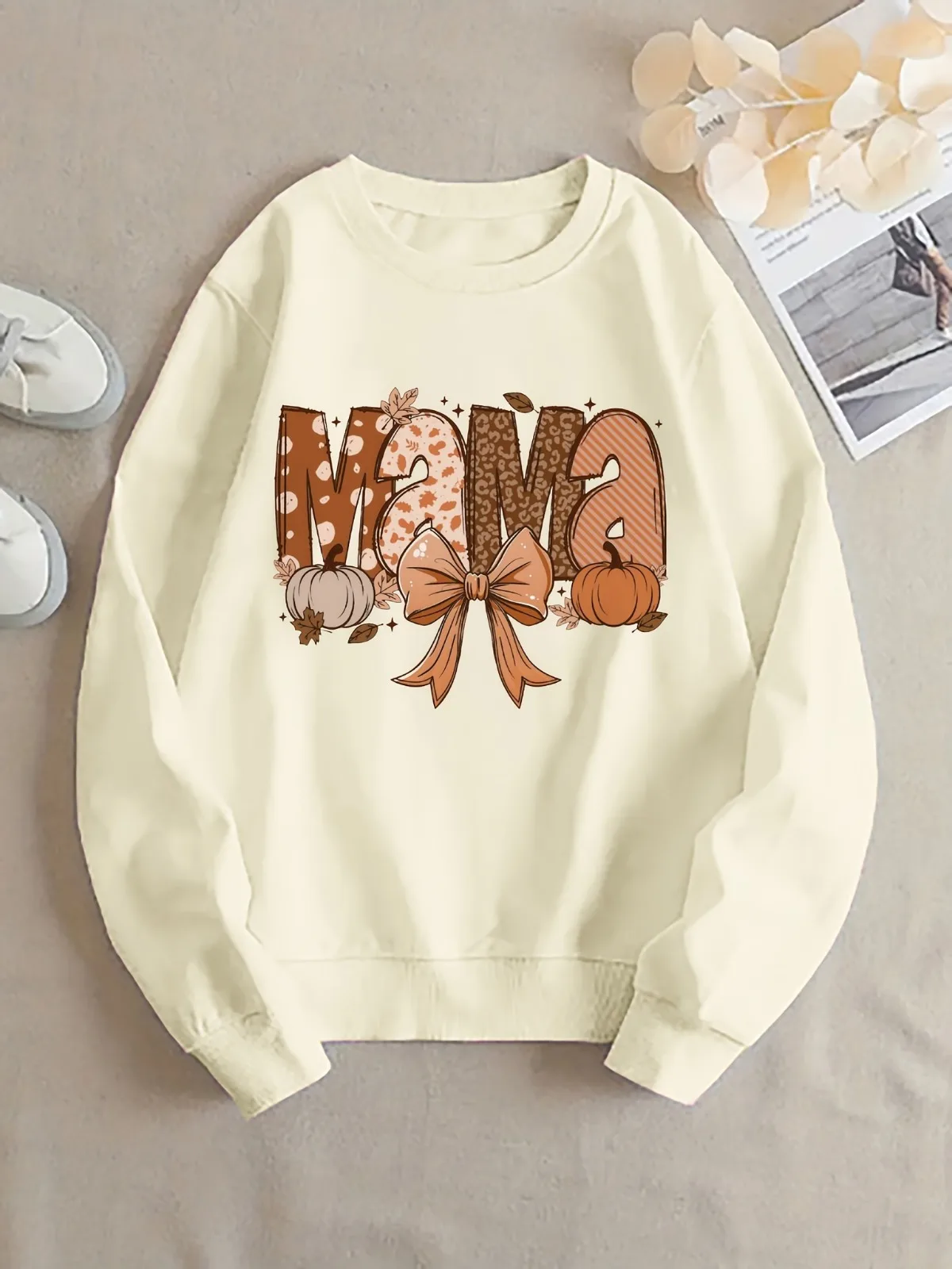 Damen-Kapuzenpullover, lässig, modisch, mit Kürbis-Schleifenmuster, bedruckt, bequem, Rundhalspullover, geeignet für Urlaubsgeschenk-Kleidung