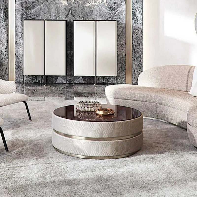 

Italian light luxury round coffee table stainless steel leather marble tempered glass coffee table villa living room hotel