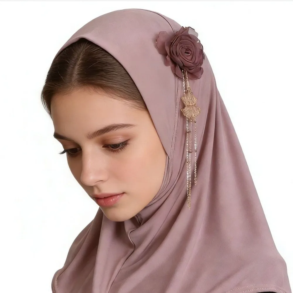 Comfort Round Edge 3D Flower Tassel Hijab Stretch Solid Color Head Wrap Lightweight High-Elasticity Headwear Daily Prayer image 5