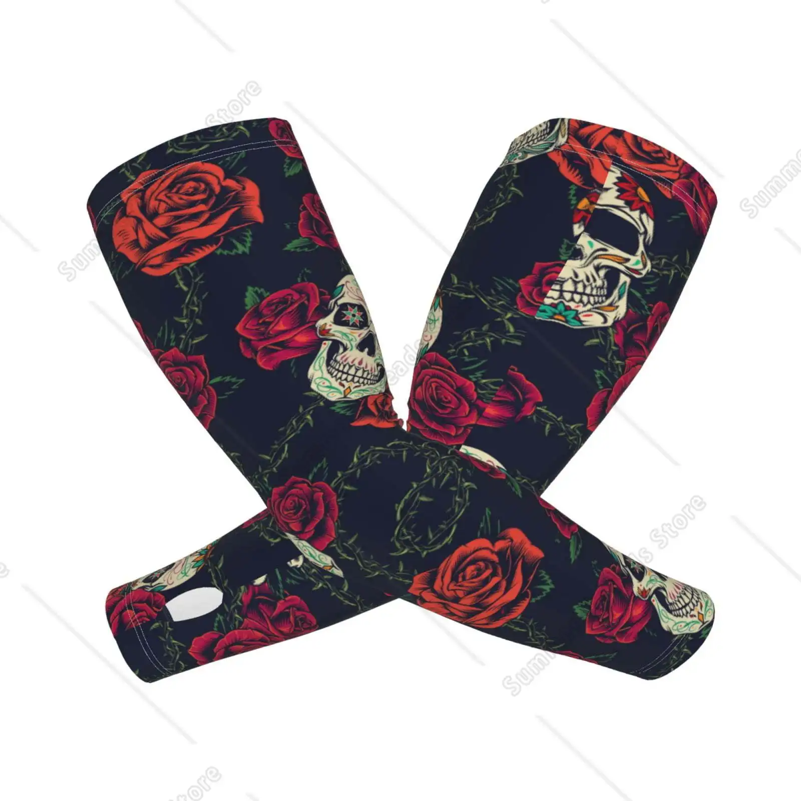 ปลอกแขนระบายความร้อน Roses Skulls สําหรับผู้หญิง ปลอกแขน ปลอกป้องกันแสงแดด UV เพื่อปกปิดด้วยซิลิโคนกันลื่น