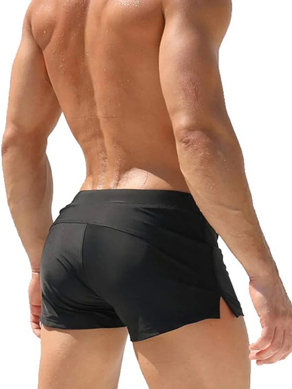Men's Solid Quick-Dry Swim Trunks With Zipper Pocket In Front, Sexy Low Waist Drawstring Waistband Surfing Trunk Short Swimsuit