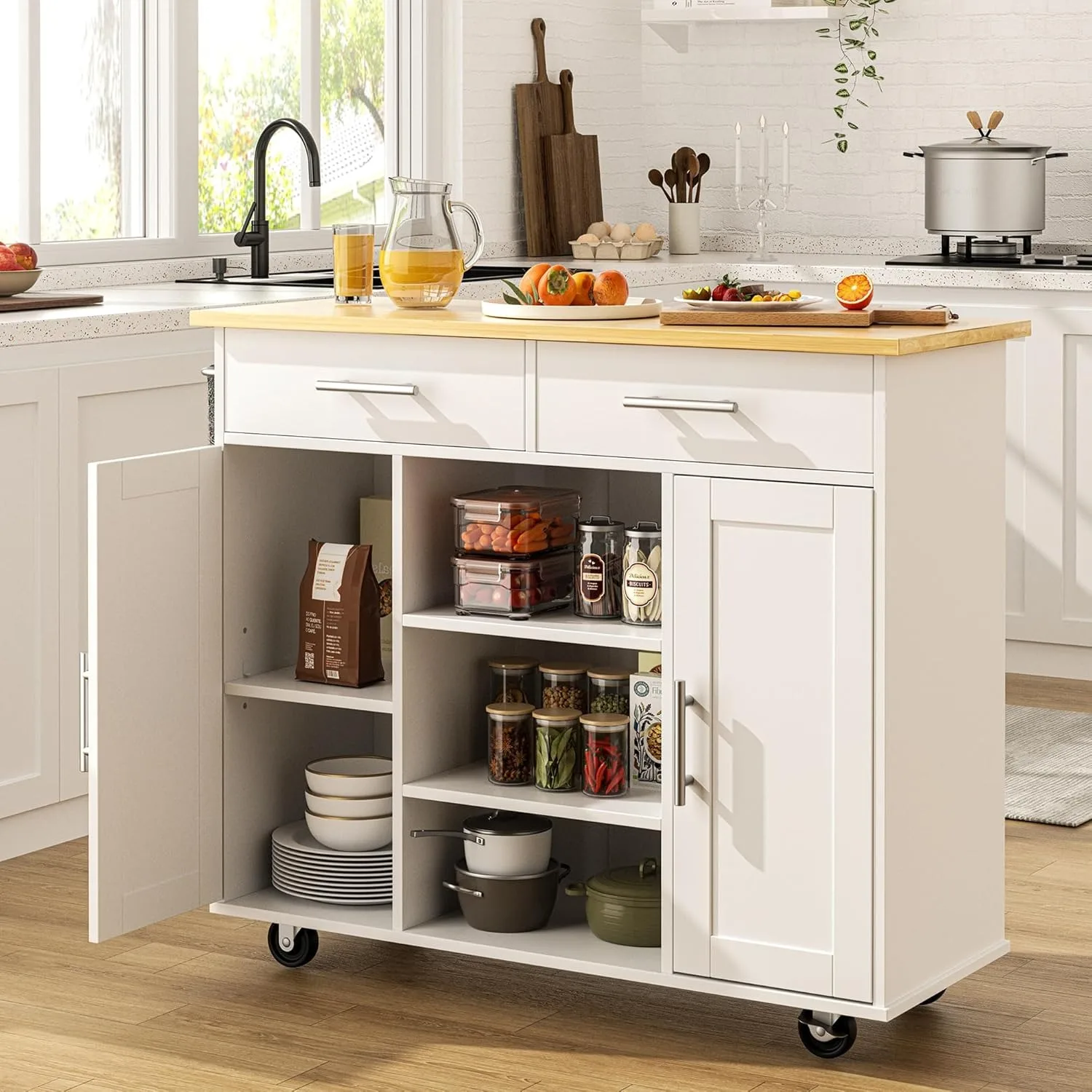 Kitchen Island with Storage Cart Table Rolling Butcher Block on Wheels Portable Large Mobile Counter Drop Floating Stand White