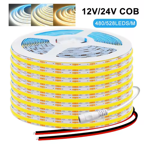 DC12V 24V COB LED Strip Light 480 528LEDs/m High Density Flexible Tape Ribbon 8mm RA90 FOB Led Lights Bar 3000K 4000K 6000K