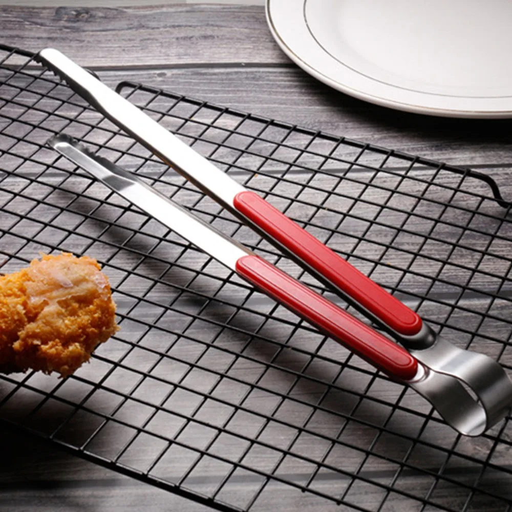 Durable Serrated Tips BBQ Tongs Raised Grip Long Tong Grill Tongs Black Red Stainless Steel Serving Tongs Buffet Serving