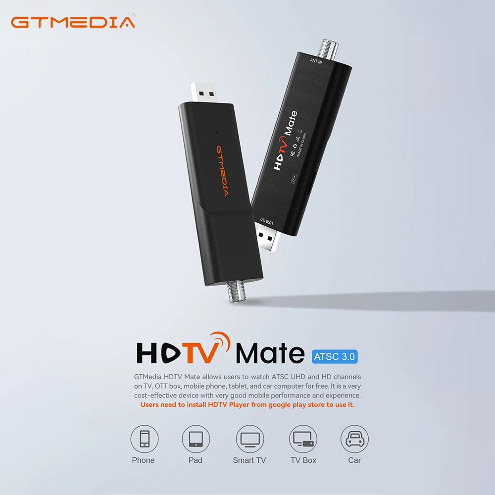 

GTMEDIA HDTV Mate ATSC1.0/ATSC3.0/QAM-B USB-тюнер с поддержкой Android 9,0 + HDTVPlayer APP DVR Запись внешнего USB/TF DVR