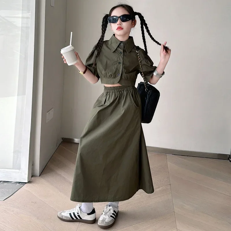 

Children Outfits Streetwear Summer White Skirt Set for Kids Trendy Cool Puff Sleeve Short Shirt Skirt 2pcs Youth Girls Clothing