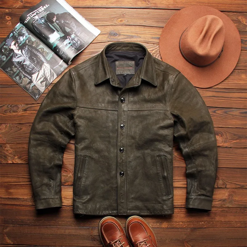 

Dark green batik leather men's lapel casual workwear coat