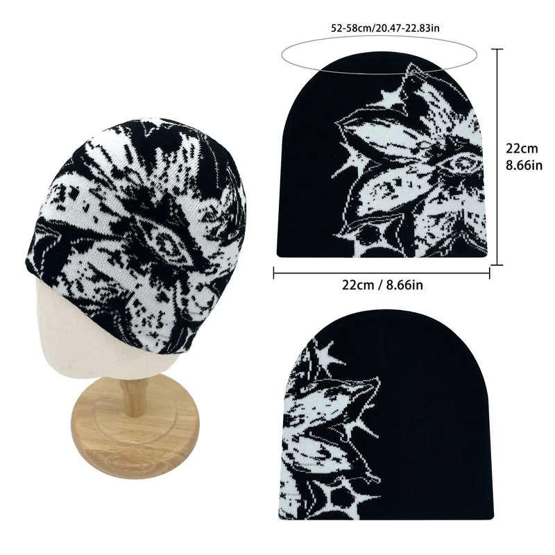 Double-Decker Knit Beanie Hat Funky Flower Print Winter Warm Stretchable Bonnet Unisex Men Women Christmas/Thanksgiving Gifts