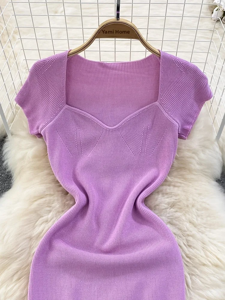 Coreano Sle Summer Knitted Dr Colletto quadrato ow Clavicola Dimagrante di media lunghezza Ba Split Wrap around Body a vita alta