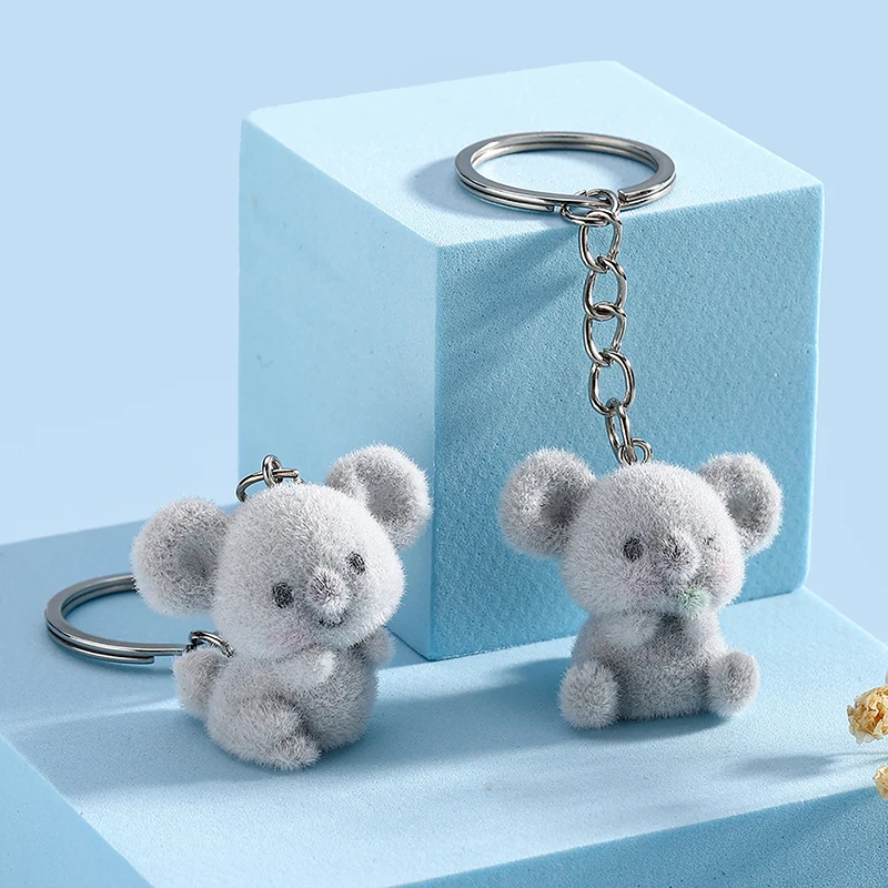 Cute 3D Flocking Koala Keychain Resin Animal Couple Mobile Phone Pendant Car Keyring Earphone Backpack Charms Bag Decor