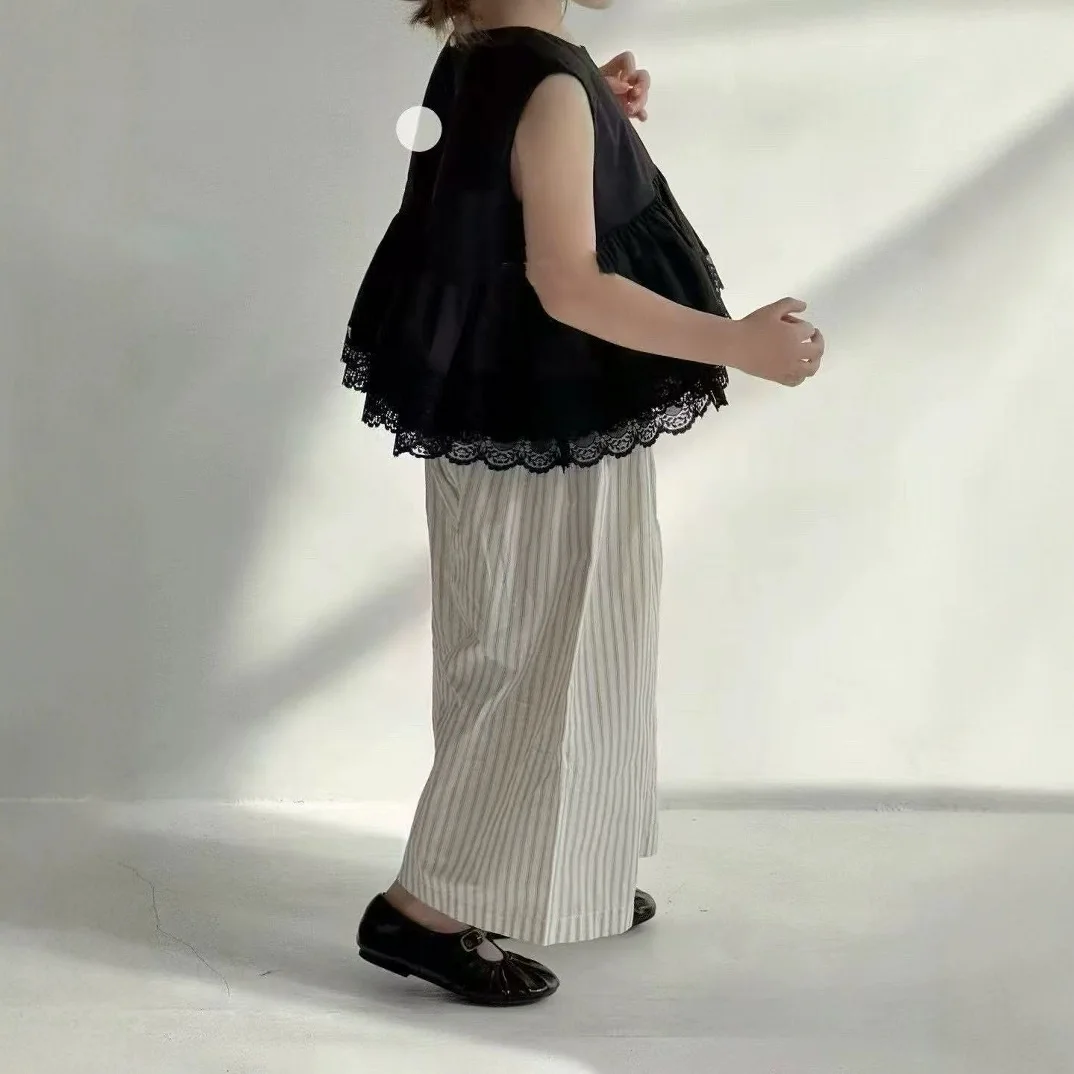 Girls' Set Fashion Doll Shirt Sleeveless Lace Black Vest+ striped Pants Mosquito Proof Pants Summer Girls' Clothing Sets image 4
