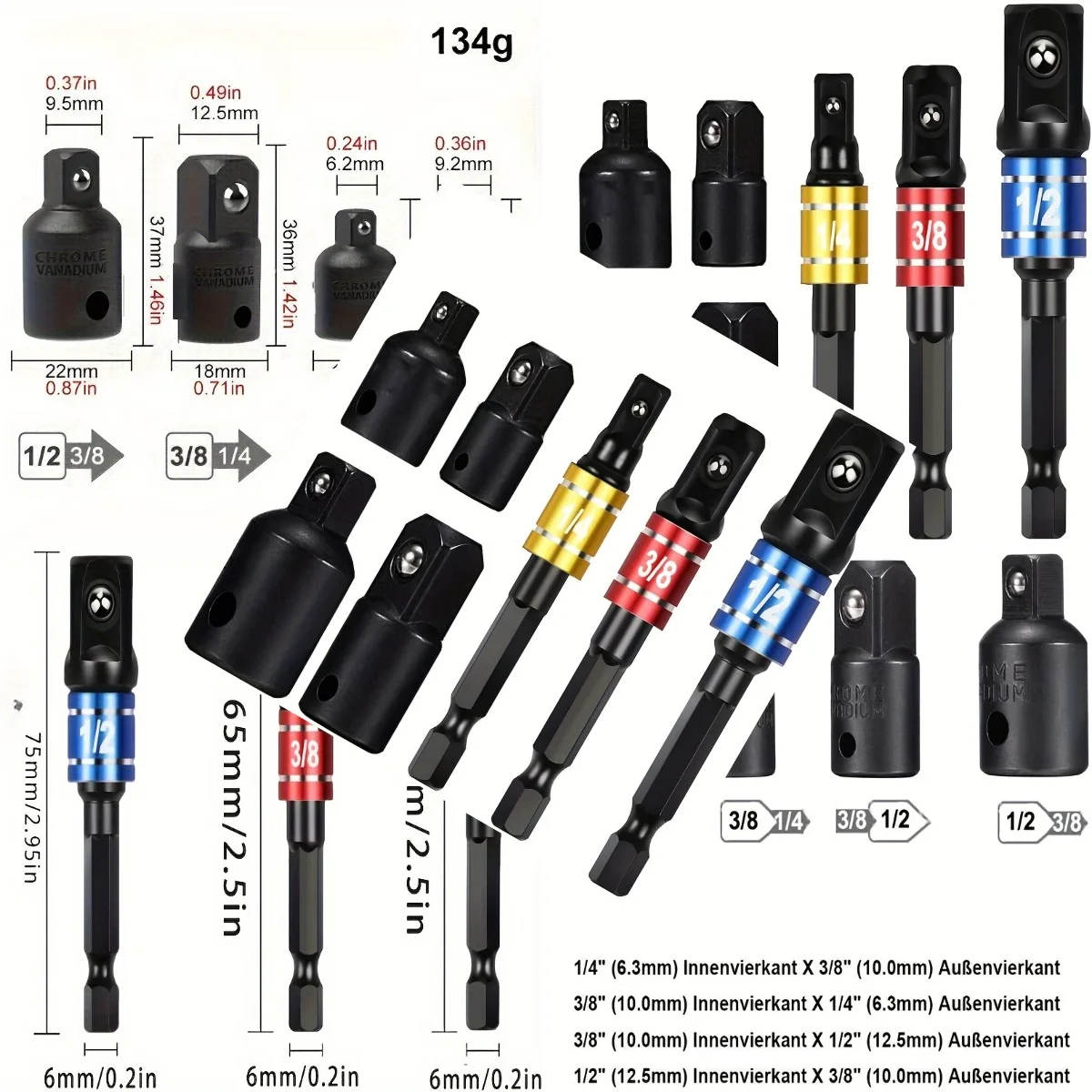 7pcs Impact Extension & Socket Adapter Set - 1/4', 3/8', 1/2' Hex Shank to Square Drive Converter Kit for DIY Home Improvement,