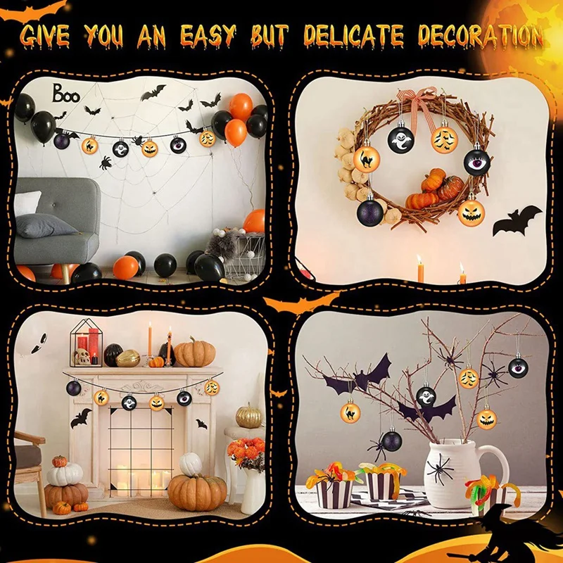 12Pc Halloween Tree Ball Oranment Ghost Spider Web Cat Printed Hanging Halloween Decor Hanging Glitter Ball Oranment Decorations