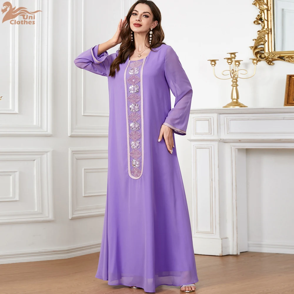 Uni muzułmańska abaja cekiny O-Neck długa sukienka dla kobiety elegancki Casual marokański saudyjski Kaftan dubaj Kebaya stylowa szata 2024