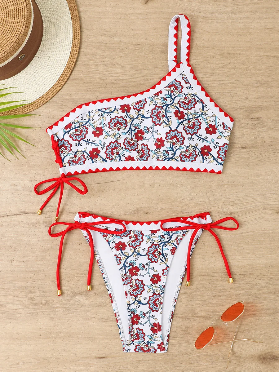 2026 One Shoulder Floral Two Piece Bikini Women Swimwear Female Swimsuit Bathers Bathing Swimming Suit Beachwear Summer