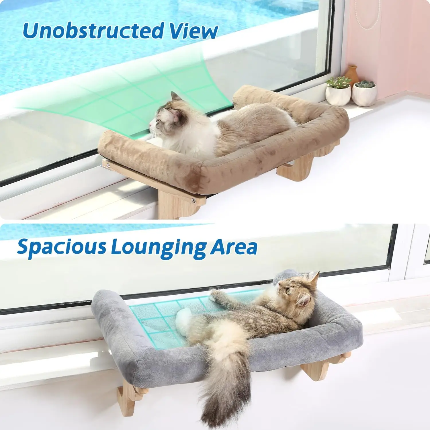 Cat Perch for Window Sill with Bolster - Orthopedic Hammock Design with Premium Hardwood & Robust Metal Frame - Cat Window Seat for Large Cats - Natural Color Wood Gray Bed, 26.4''W - view 2
