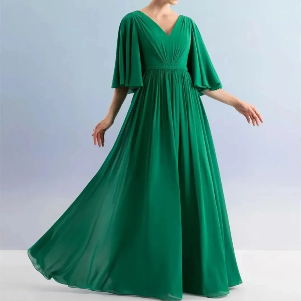 

Elegant Long Green V Neck Chiffon Evening Dresses Half Sleeves A Line Pleated Floor Length فساتين سهرات